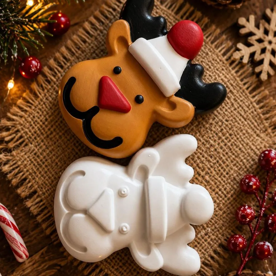 A Calista Crafts reindeer fridge magnet fully painted, next to the same magnet unpainted in plain white plaster