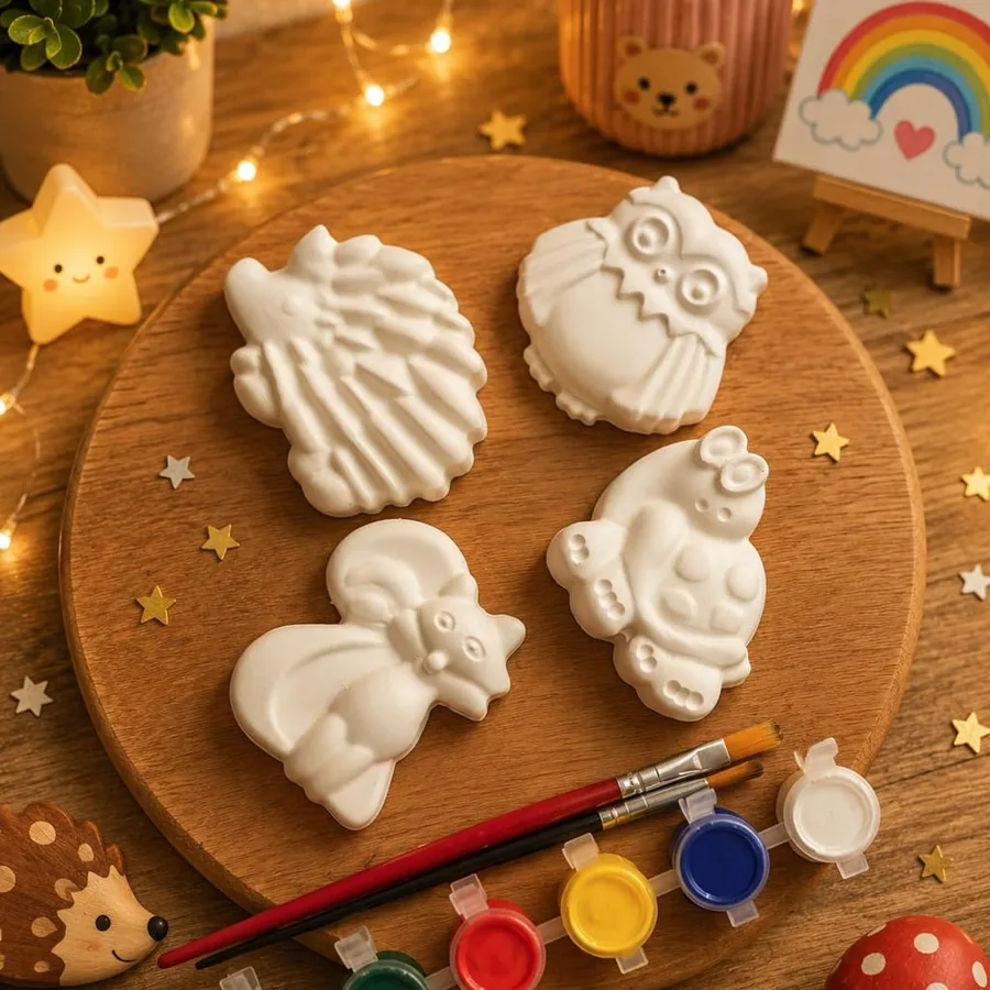Four unpainted plaster animal shapes arranged on a wooden board with a strip of six paint pots